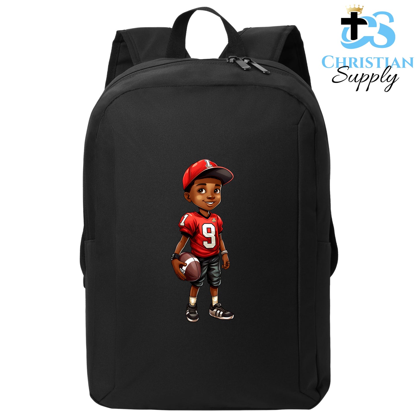 Christian Supply Bookbag for Boys – Kids Christian Football Red Jersey 3 Kids Backpack – Black Backpack for Men with Laptop Sleeve – Teen Boy Bookbag for School, College – Fits 15-inch Laptops