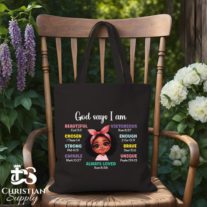 Kids Christian Girl God Says I Am Tote Bag