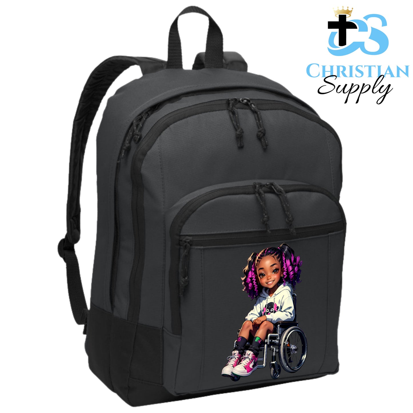 Christian Supply Bookbag for Girls – Kids Christian Girl in Wheelchair 2 Kids Backpack – Black Backpack for Women with Laptop Sleeve – Teen Girl Bookbag for School, College – Fits 15-inch Laptops