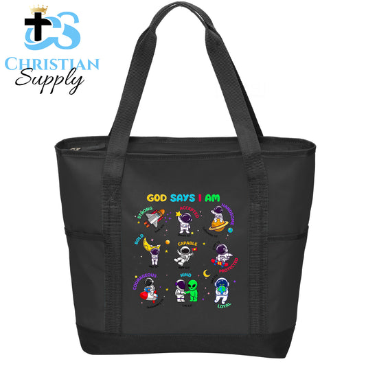 Kids God Says I Am Astronaut Space Tote Bag