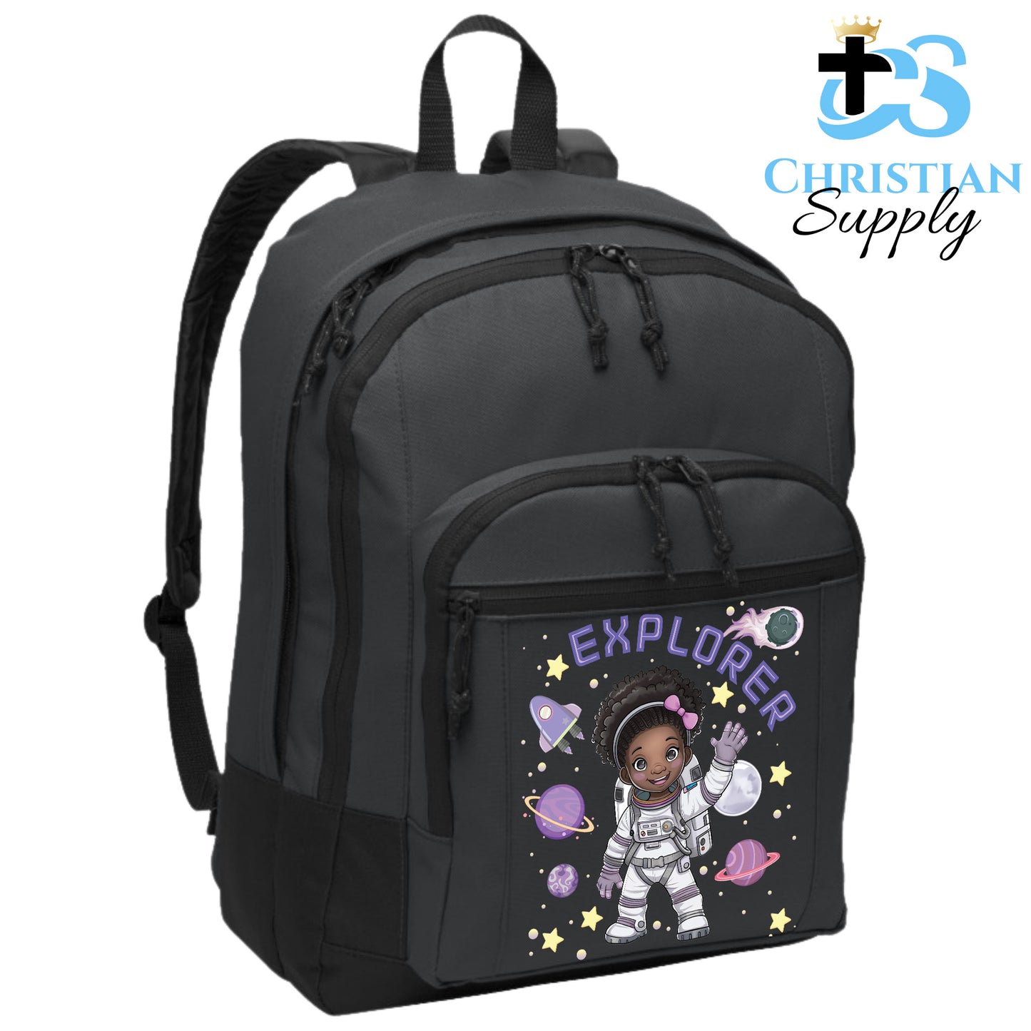 Christian Supply Bookbag for Girls – Kids Christian Girl Astronaut Explorer Kids Backpack – Black Backpack for Women with Laptop Sleeve – Teen Girl Bookbag for School, College – Fits 15-inch Laptops