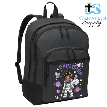 Christian Supply Bookbag for Girls – Kids Christian Girl Astronaut Explorer Kids Backpack – Black Backpack for Women with Laptop Sleeve – Teen Girl Bookbag for School, College – Fits 15-inch Laptops