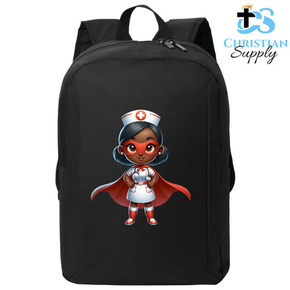 Christian Supply Bookbag for Girls – Kids Nurse Medical Christian Superhero Girl White Red Outfit Kids Backpack – Black Backpack for Women with Laptop Sleeve – Teen Girl Bookbag for School, College – Fits 15-inch Laptops