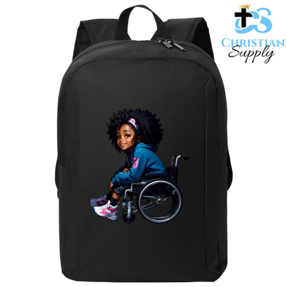 Christian Supply Bookbag for Girls – Kids Christian Girl in Wheelchair 1 Kids Backpack – Black Backpack for Women with Laptop Sleeve – Teen Girl Bookbag for School, College – Fits 15-inch Laptops