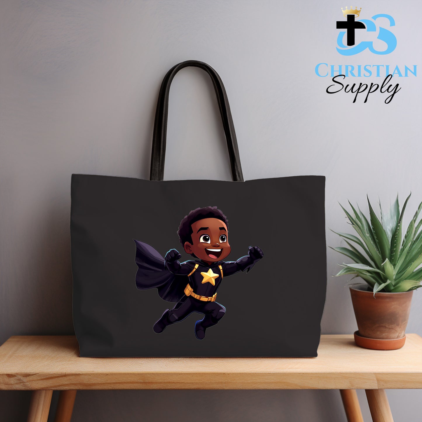 Kids Christian Star Super Boy Black Outfit Tote Bag