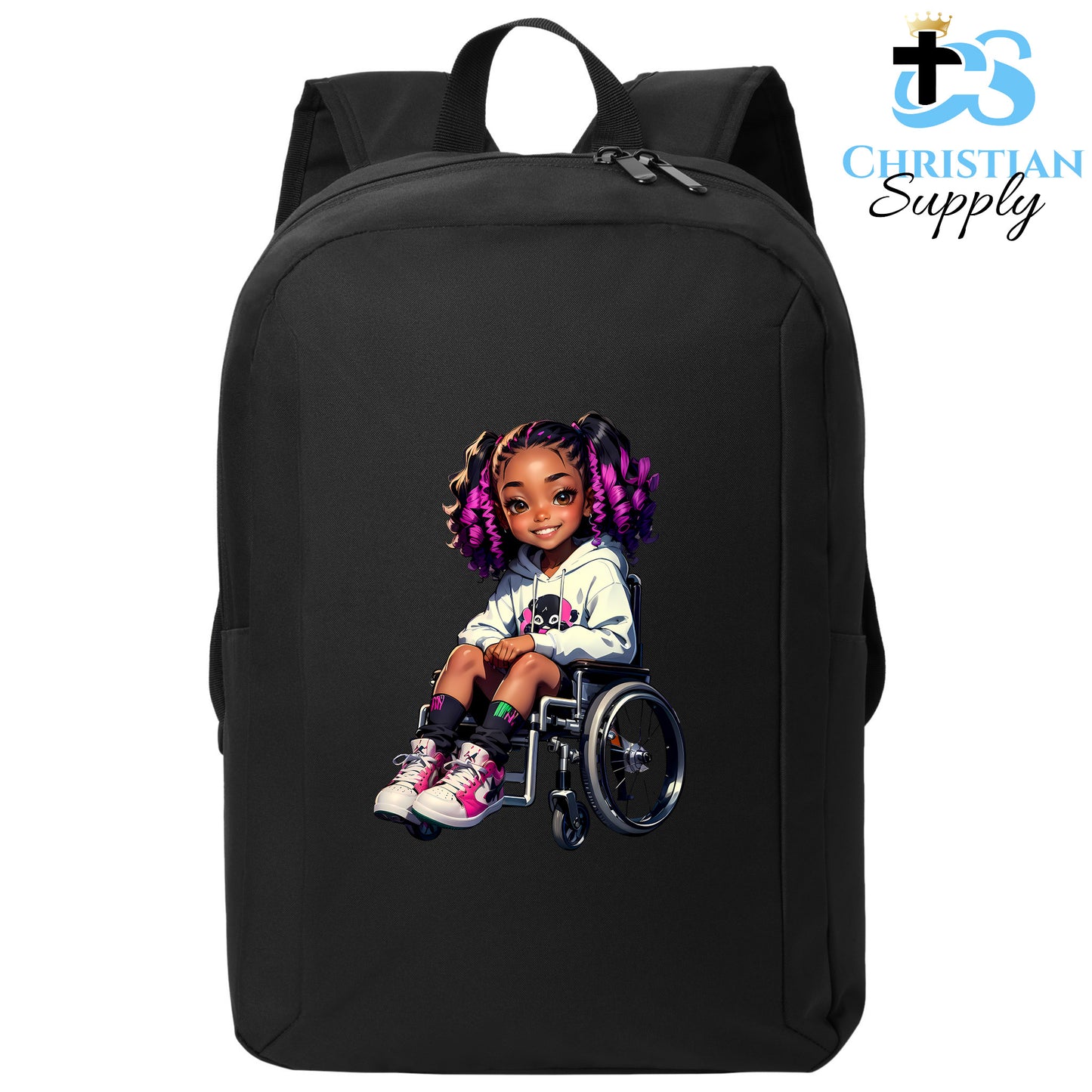 Christian Supply Bookbag for Girls – Kids Christian Girl in Wheelchair 2 Kids Backpack – Black Backpack for Women with Laptop Sleeve – Teen Girl Bookbag for School, College – Fits 15-inch Laptops