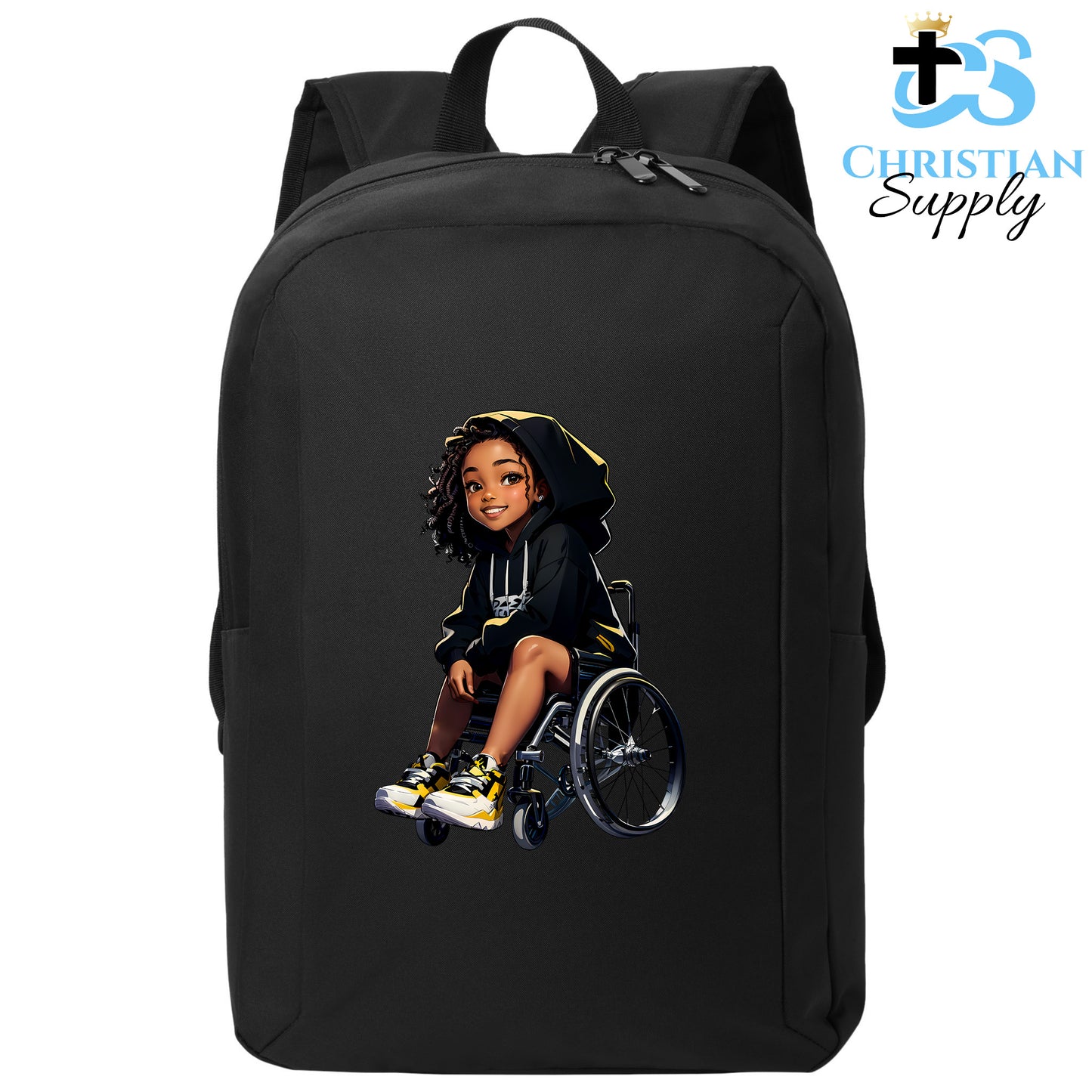 Christian Supply Bookbag for Girls – Kids Christian Girl in Wheelchair 3 Kids Backpack – Black Backpack for Women with Laptop Sleeve – Teen Girl Bookbag for School, College – Fits 15-inch Laptops