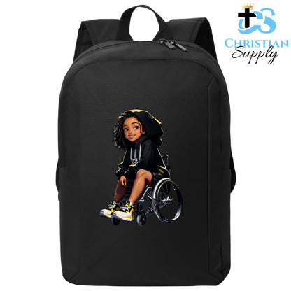 Christian Supply Bookbag for Girls – Kids Christian Girl in Wheelchair 3 Kids Backpack – Black Backpack for Women with Laptop Sleeve – Teen Girl Bookbag for School, College – Fits 15-inch Laptops