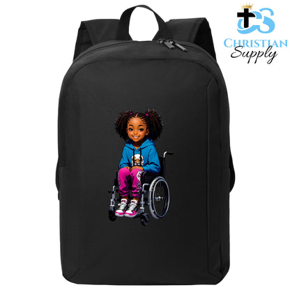 Christian Supply Bookbag for Girls – Kids Christian Girl in Wheelchair 5 Kids Backpack – Black Backpack for Women with Laptop Sleeve – Teen Girl Bookbag for School, College – Fits 15-inch Laptops