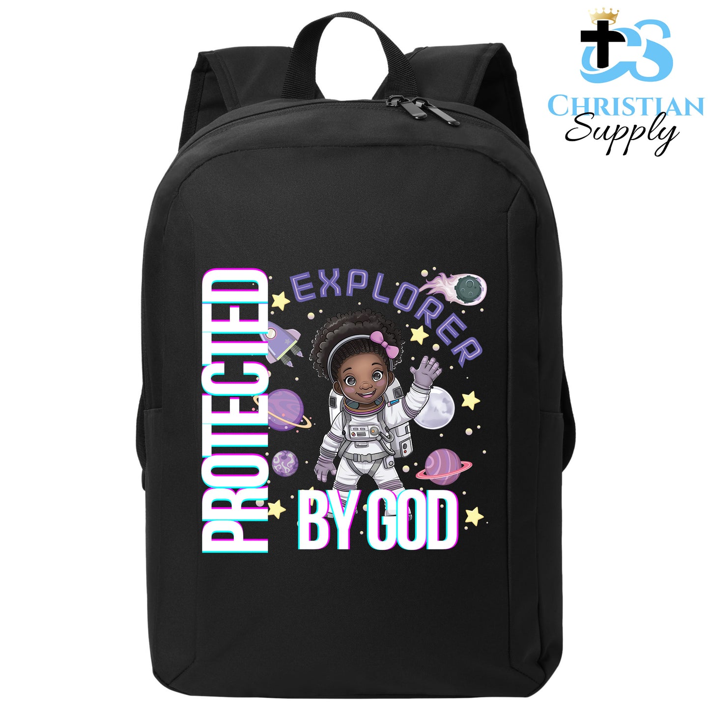 Christian Supply Bookbag for Girls – Kids Christian Girl Astronaut Explorer Kids Backpack – Black Backpack for Women with Laptop Sleeve – Teen Girl Bookbag for School, College – Fits 15-inch Laptops