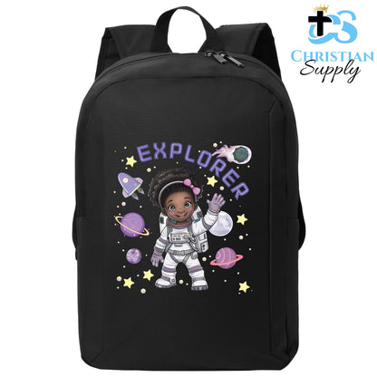 Christian Supply Bookbag for Girls – Kids Christian Girl Astronaut Explorer Kids Backpack – Black Backpack for Women with Laptop Sleeve – Teen Girl Bookbag for School, College – Fits 15-inch Laptops