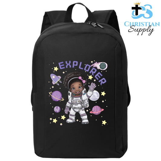 Christian Supply Bookbag for Girls – Kids Christian Girl Astronaut Explorer Kids Backpack – Black Backpack for Women with Laptop Sleeve – Teen Girl Bookbag for School, College – Fits 15-inch Laptops