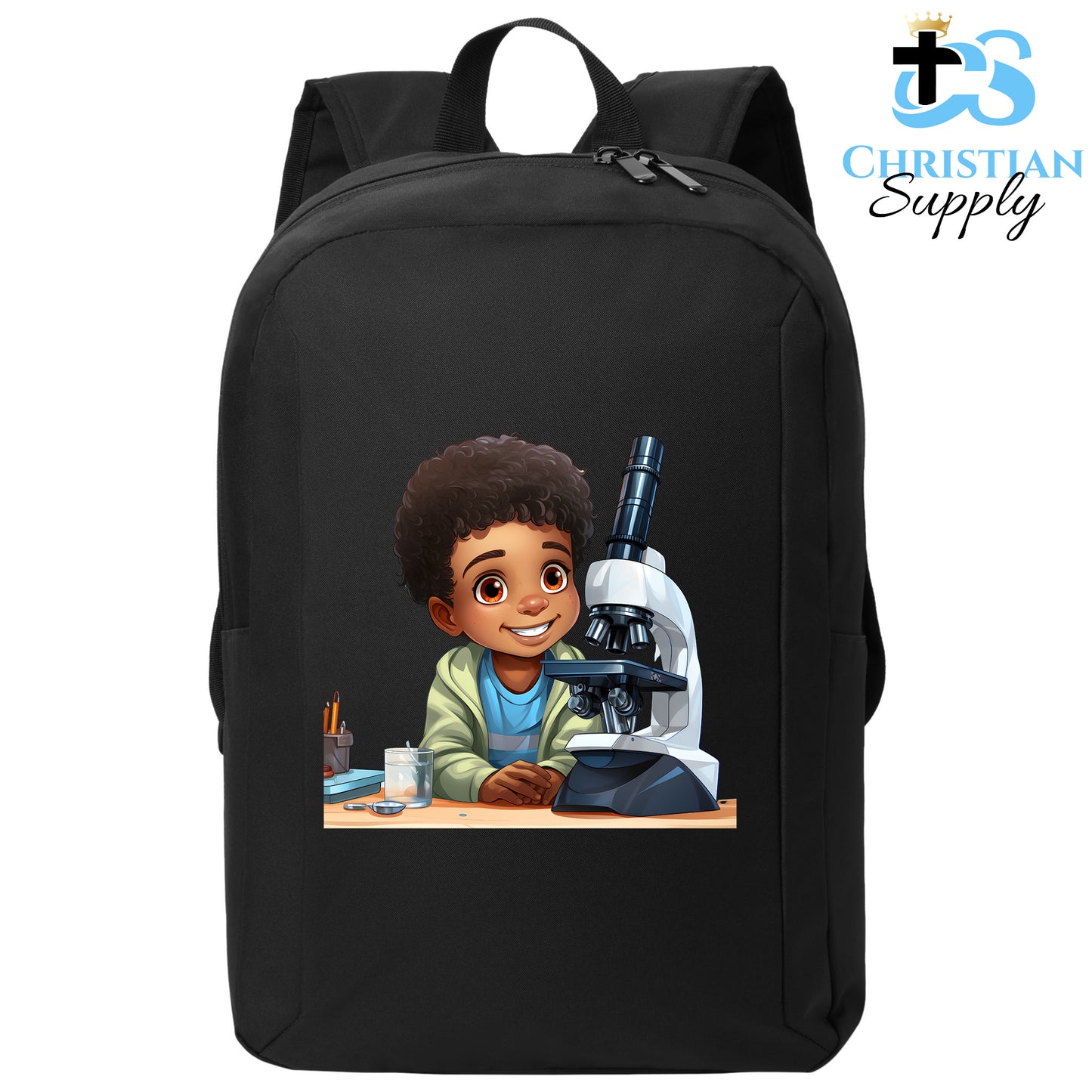 Christian Supply Bookbag for Boys – Kids Christian Scientist with Microscope 3 Kids Backpack – Black Backpack for Men with Laptop Sleeve – Teen Boy Bookbag for School, College – Fits 15-inch Laptops