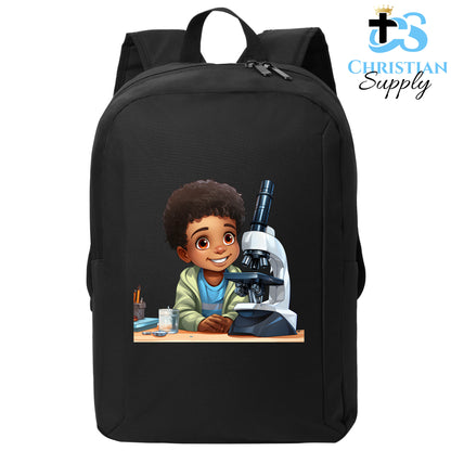 Christian Supply Bookbag for Boys – Kids Christian Scientist with Microscope 3 Kids Backpack – Black Backpack for Men with Laptop Sleeve – Teen Boy Bookbag for School, College – Fits 15-inch Laptops