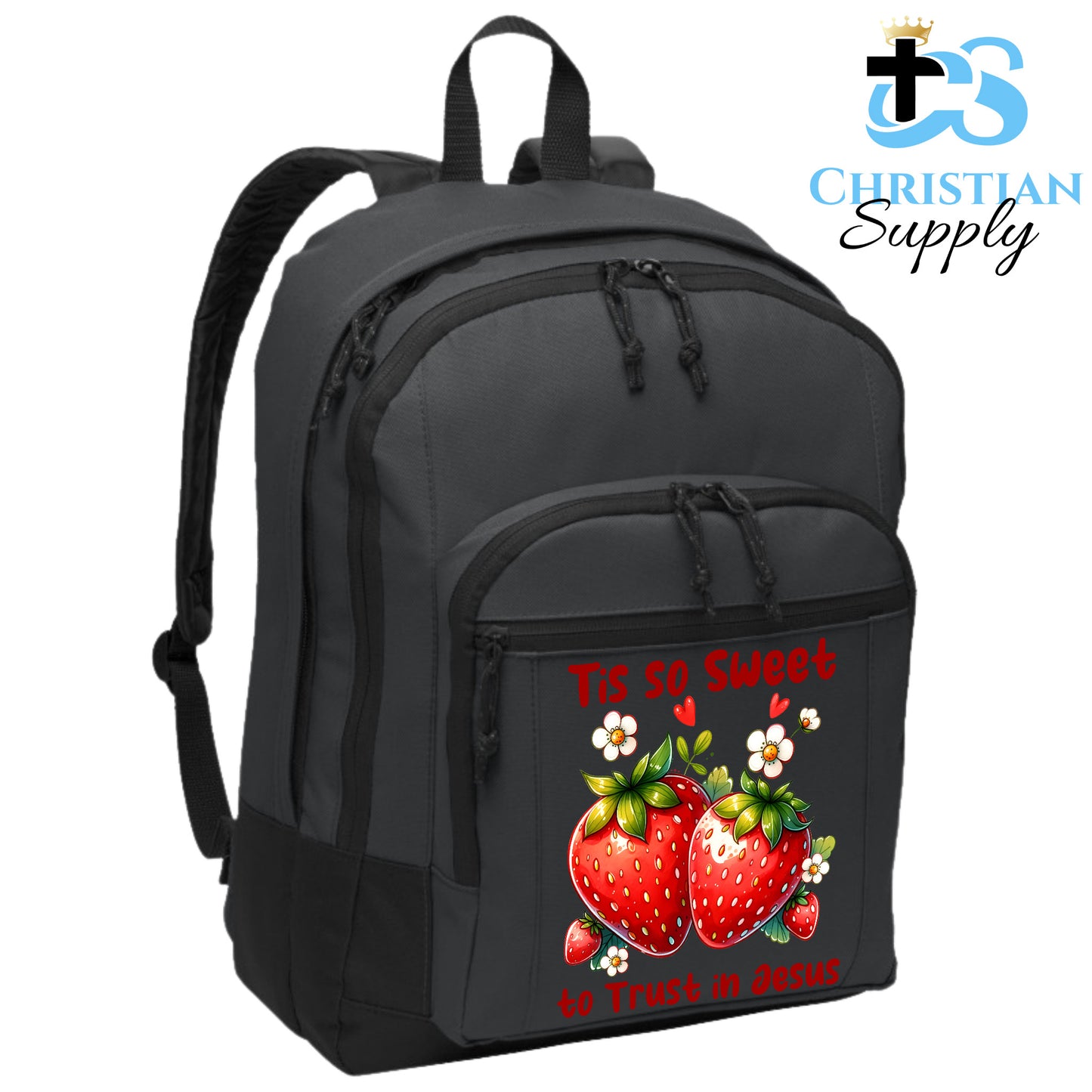 Christian Supply Bookbag for Girls and Boys – Kids Tis So Sweet to Trust in Jesus Strawberries Kids Backpack – Black Backpack for Men and Women with Laptop Sleeve – Teen Girl Boy Bookbag for School, College – Fits 15-inch Laptops