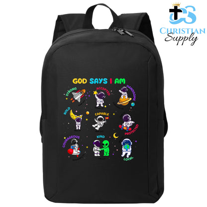 Christian Supply Bookbag for Girls and Boys – Kids God Says I Am Astronaut Space Kids Backpack – Black Backpack for Men and Women with Laptop Sleeve – Teen Girl Boy Bookbag for School, College – Fits 15-inch Laptops