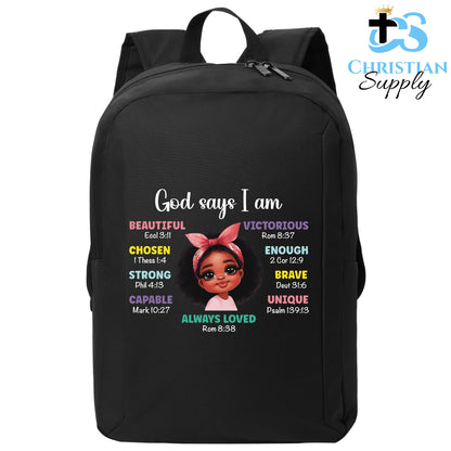 Christian Supply Bookbag for Girls – Kids Christian Girl God Says I Am Kids Backpack – Black Backpack for Women with Laptop Sleeve – Teen Girl Bookbag for School, College – Fits 15-inch Laptops