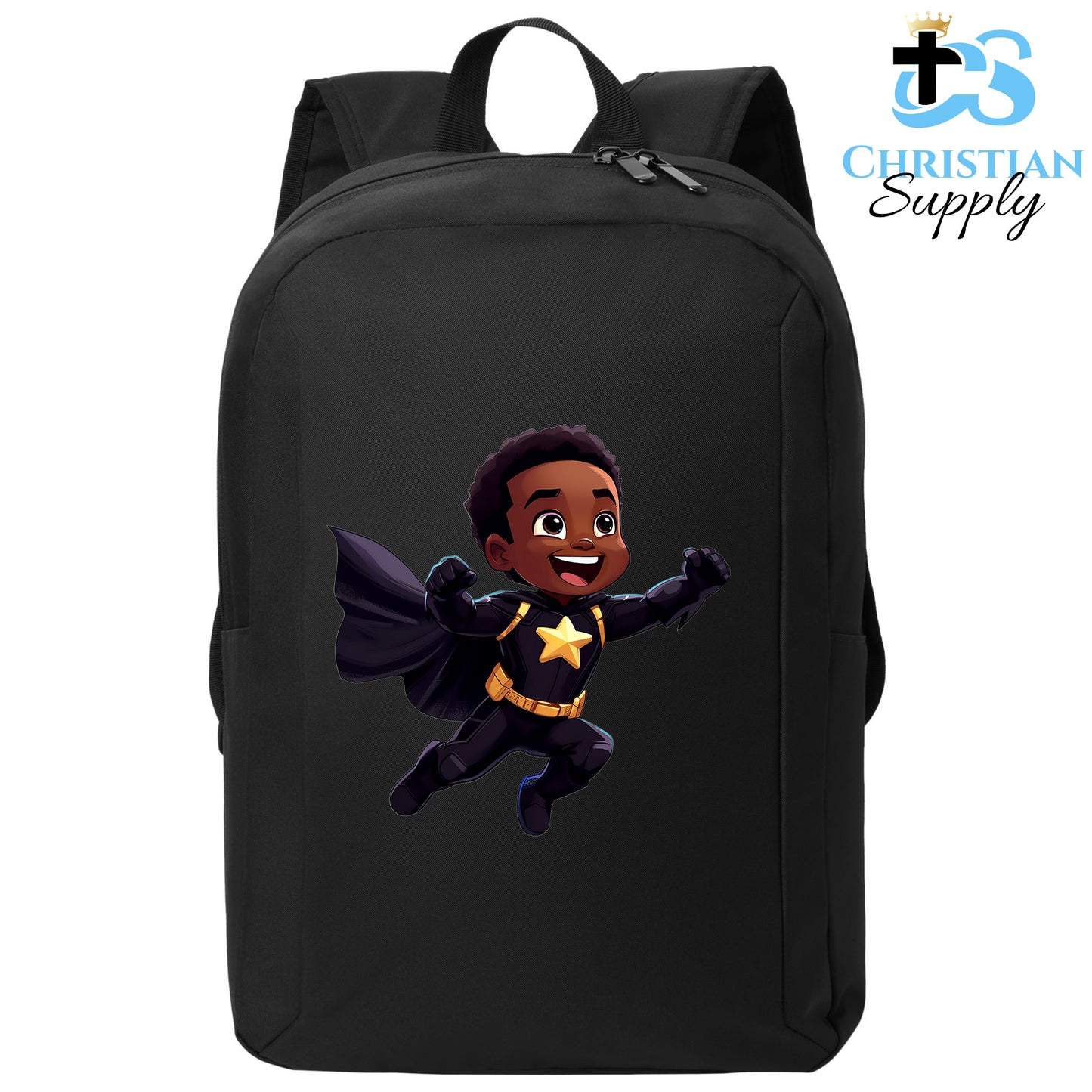 Christian Supply Bookbag for Boys – Kids Christian Star Super Boy Black Outfit Kids Backpack – Black Backpack for Men with Laptop Sleeve – Teen Boy Bookbag for School, College – Fits 15-inch Laptops