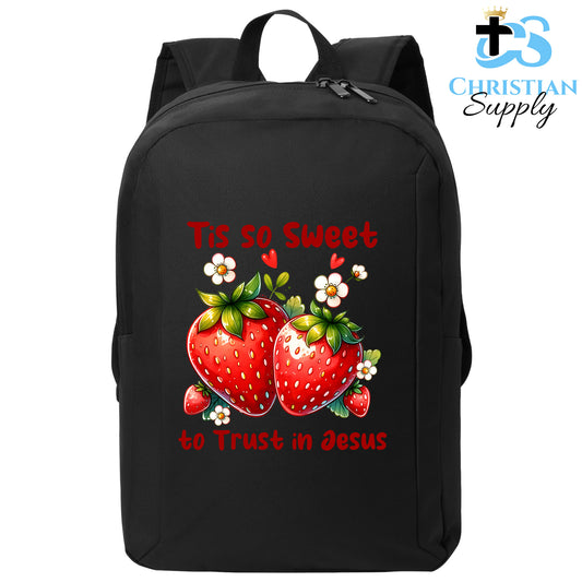 Christian Supply Bookbag for Girls and Boys – Kids Tis So Sweet to Trust in Jesus Strawberries Kids Backpack – Black Backpack for Men and Women with Laptop Sleeve – Teen Girl Boy Bookbag for School, College – Fits 15-inch Laptops