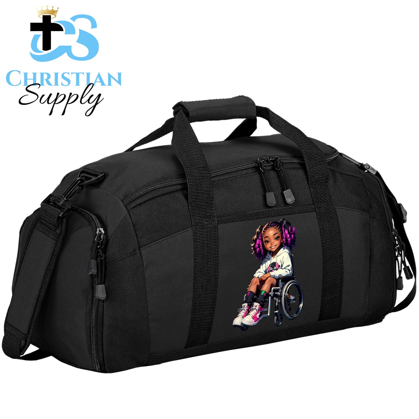 Kids Christian Girl in Wheelchair 2 Duffel Bag